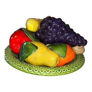 Mid 20th Century Majolica Ceramic Pottery Fruit Bowl Basket Centerpiece For Sale