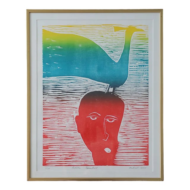 Michael Casford, Professor Brainbird, Color Woodcut, Framed For Sale