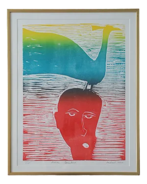 Michael Casford, Professor Brainbird, Color Woodcut, Framed