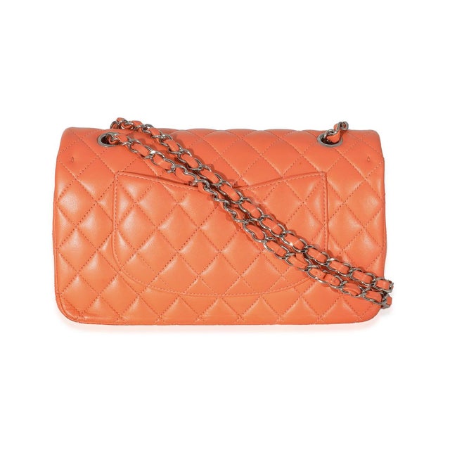Traditional Orange Quilted Lambskin Medium Classic Double Flap Bag For Sale - Image 3 of 8