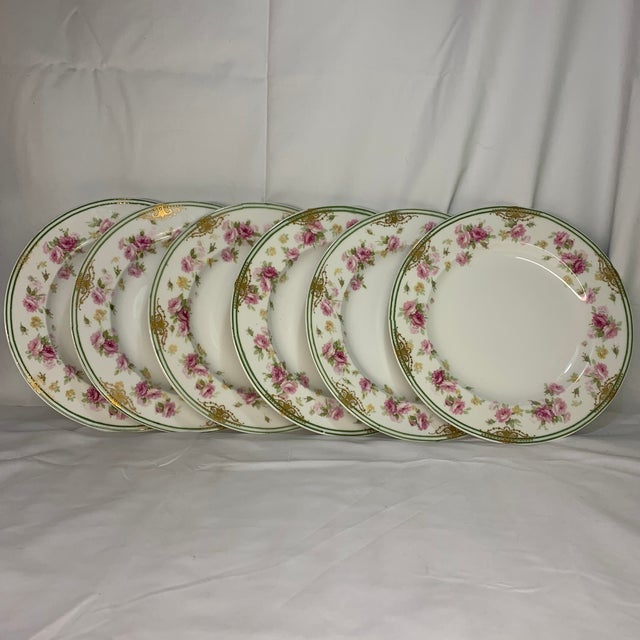 Early 20th Century Early 20th Century Theadore Haviland Limoges France Pink Roses With Th Gold Swag and Green Rim - Set of 6 For Sale - Image 5 of 9
