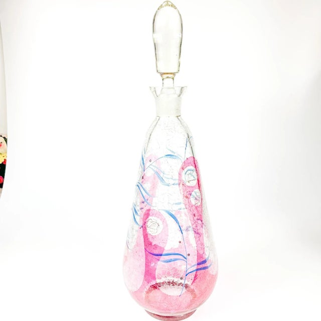 Crackle Glass Enameled Botanical Design Decanter Bohemia, 1950s For Sale - Image 4 of 9