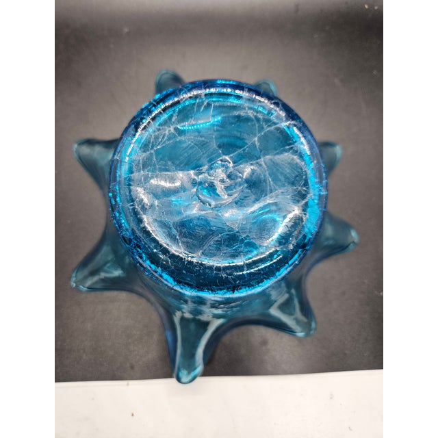 American Vintage Blenko Blue Crackle Glass Ruffled Bowl. For Sale - Image 3 of 3