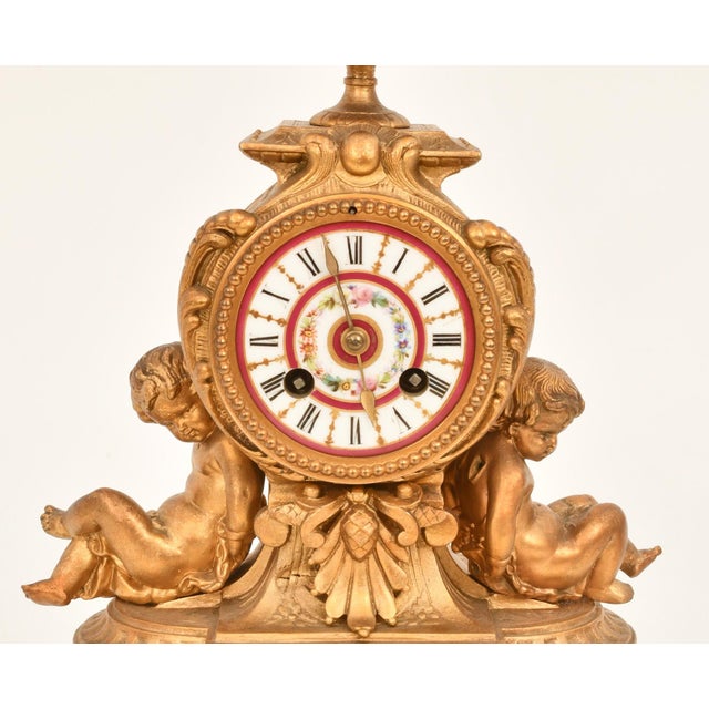 Antique French Gilt Bronze & Porcelain Three-Piece Figural Clock Garniture For Sale In New York - Image 6 of 13