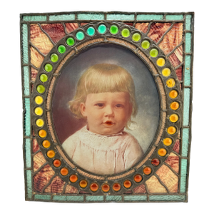 Antique American Leaded & Jeweled Glass Window of a Young Child C. 1900