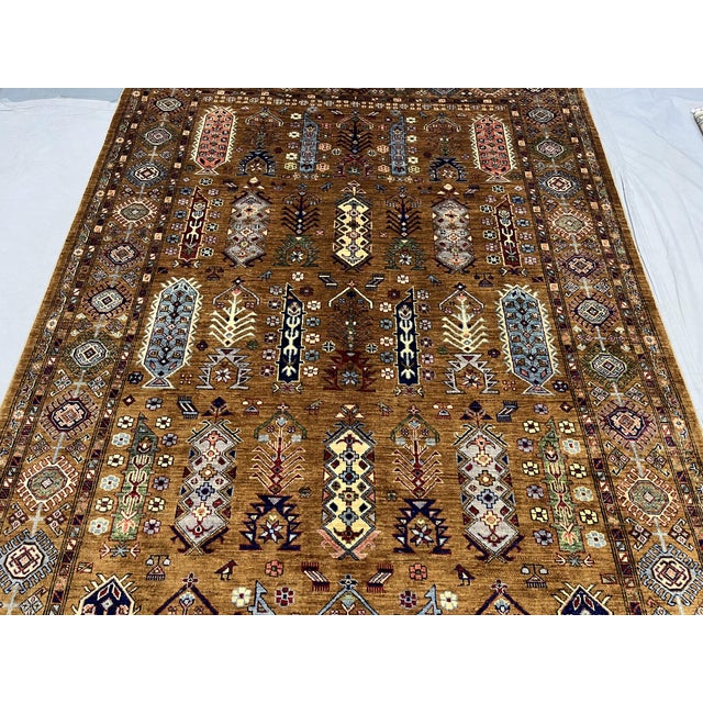 Brown Afghan Sultani Natural Dye Wool Rug, Tribal Geometric Tree Motifs ...