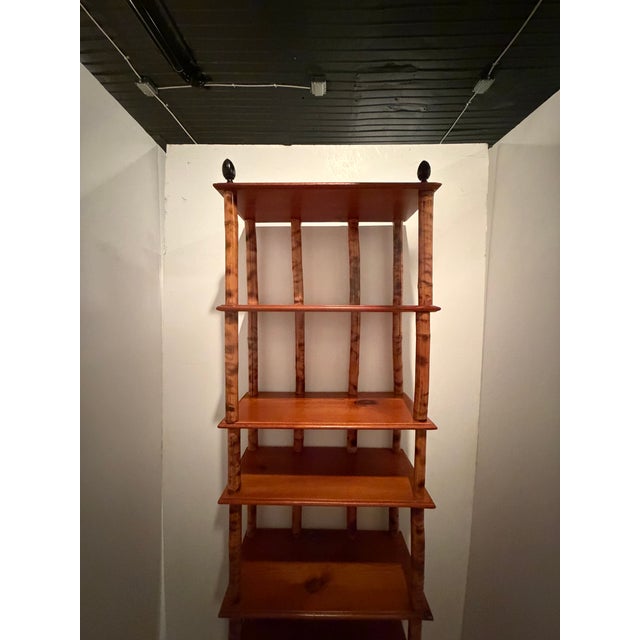 1980s Tall & Narrow Rattan Bamboo Etagere Bookshelf With Iron Finials For Sale - Image 5 of 12