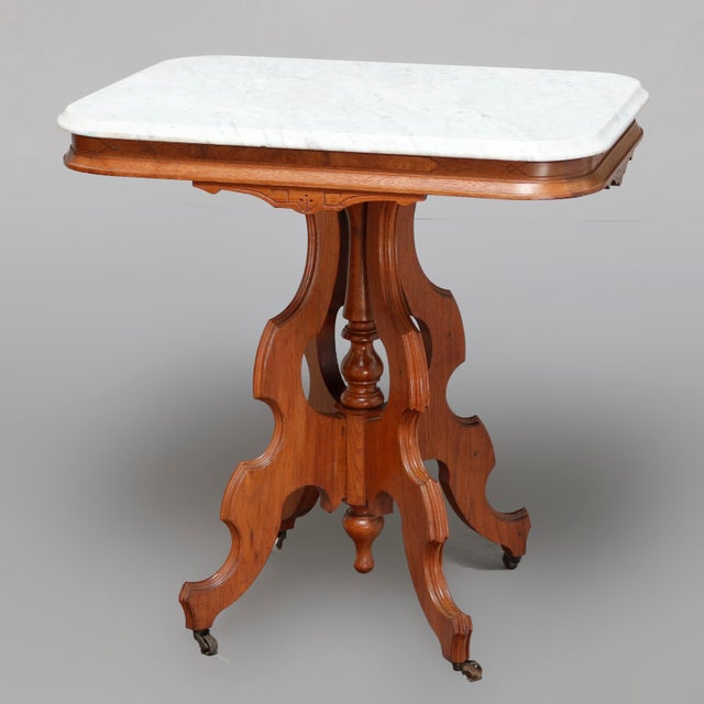 Antique Victorian Eastlake Carved Walnut & Beveled Marble Side Table