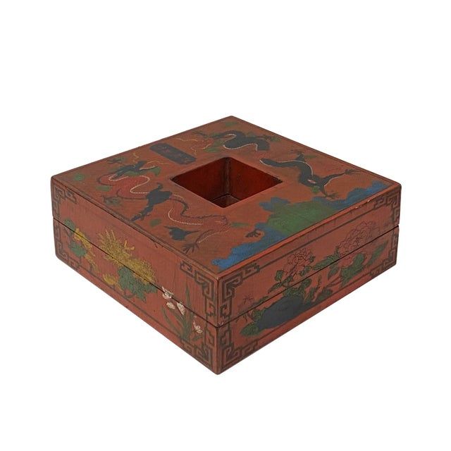 Chinoiserie Chinese Distressed Brick Red Dragon Graphic Square Shape Box For Sale - Image 3 of 9