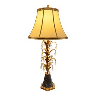Vintage Hollywood Regency Italian Style Gilt Tole and Crystal Prism Table Lamp For Sale