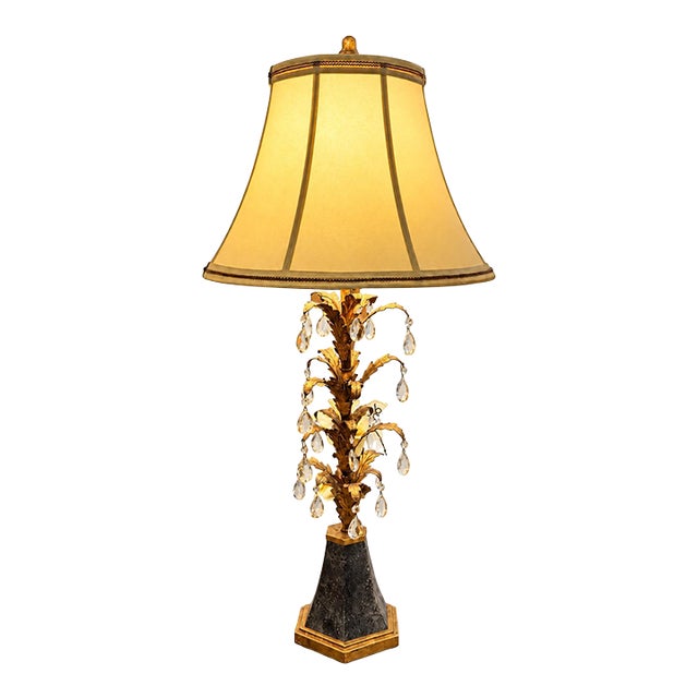 Vintage Hollywood Regency Italian Style Gilt Tole and Crystal Prism Table Lamp - a Pair For Sale