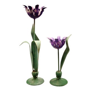Antique French Tole Peinte Candle Holders, S/2 For Sale