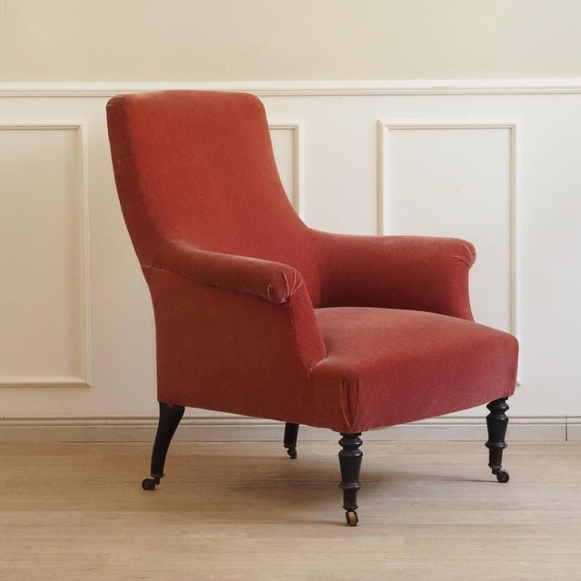Antique Velvet Armchair with Turned Legs on Casters, 1880s For Sale - Image 9 of 14