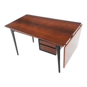 Danish Mid Century Modern Boat Shape Drop Leaf Rosewood Desk Two Drawers