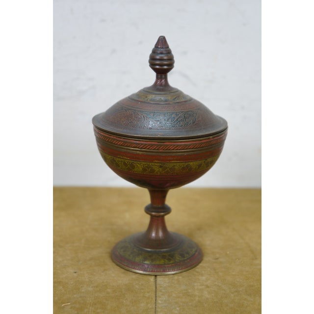 Metal Mid 20th Century Indian Etched Brass Peacock Bird Bar Tray, Cups, Tophy Urn & Candlesticks Set- 10 Pieces For Sale - Image 7 of 14