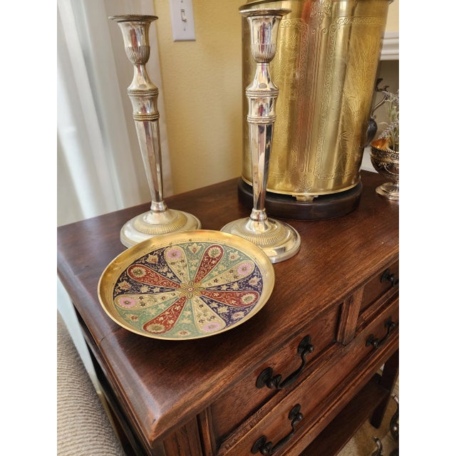 Mid 20th Century Vintage Middle Eastern Enameled Embossed Brass Dish/Bowl For Sale - Image 5 of 6