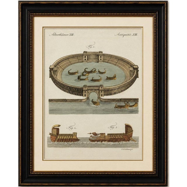 Original antique print of roman naval battles and warships by bertuch, c. 1800 original antique hand-colored copper...