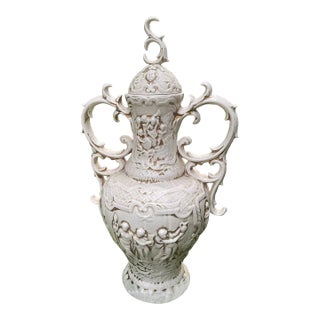 1960s Monumental 28" Portuguese Crackle Glaze Lidded Urn | Chinoiserie Figural Relief For Sale