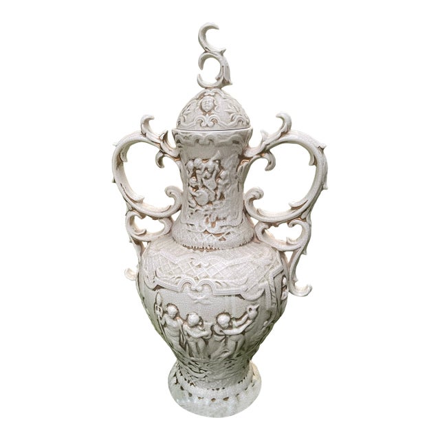 1960s Monumental 28" Portuguese Crackle Glaze Lidded Urn | Chinoiserie Figural Relief For Sale