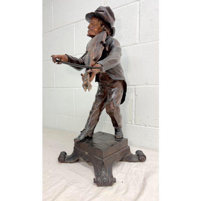 Folk Art Large Antique European 1800's Carved Wood Fiddler Violinist Sculpture Statue Music For Sale - Image 3 of 18