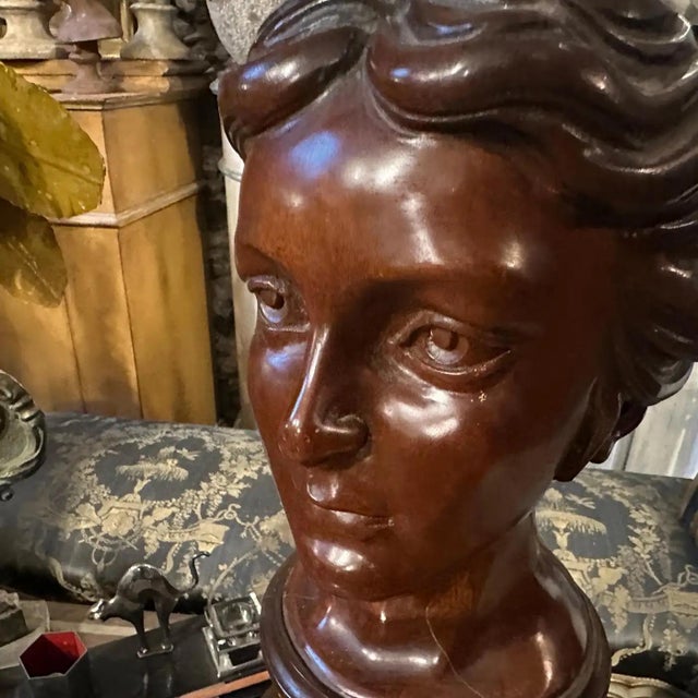 1900s A Sicilian Art Nouveau Wood Sculpture of a Bust of a Young Woman For Sale - Image 4 of 17