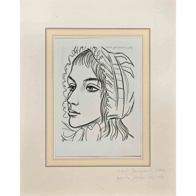 The Maid is an original etching on ivory-colored paper realized by Andrea Jacquin in the mid-20th century. Plate-signed...