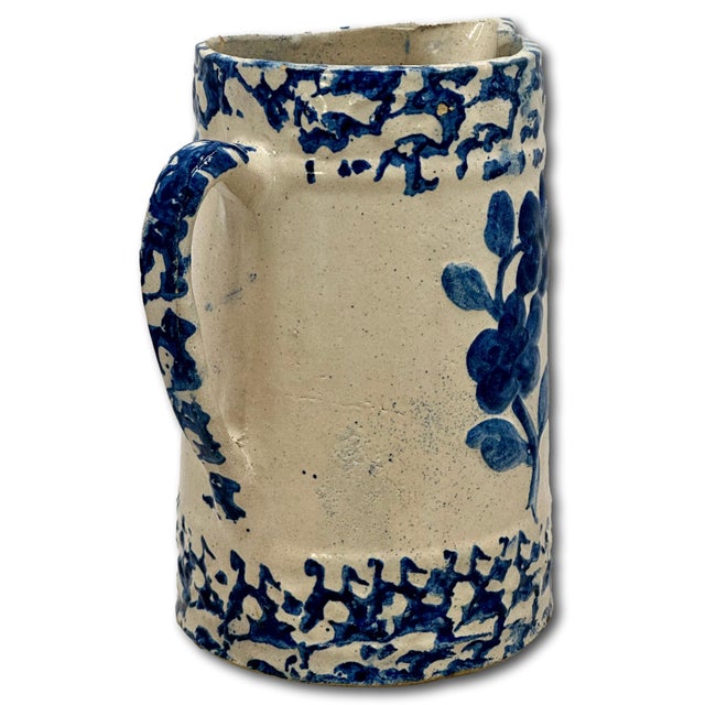 Unusual Antique American Blue Spongeware & Flower Decorated Stoneware Milk Pitcher Circa Late 19th Century For Sale - Image 4 of 18
