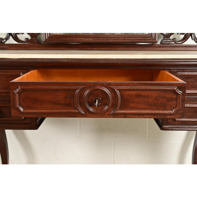 Alexander Roux Antique French Rococo Carved Mahogany and Marble Top Vanity Dressing Table With Mirror, Newly Refinished For Sale In South Bend - Image 6 of 14