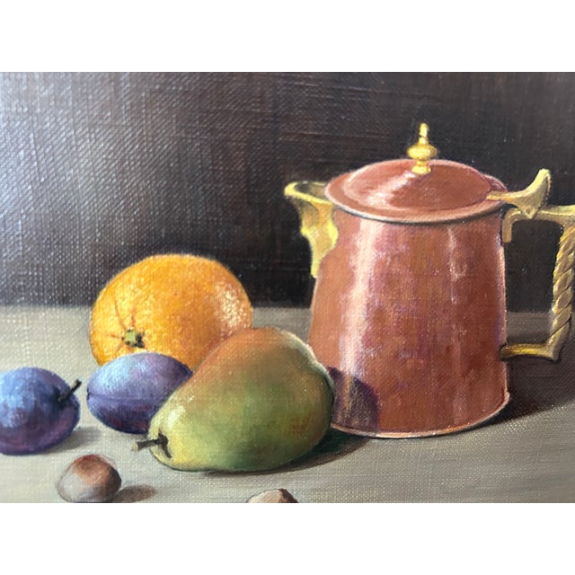 Beige 1959 Max H. Weiss Original Still Life Oil Painting – Fruit & Copper Teapot in Ornate Gold Carved Frame For Sale - Image 8 of 12