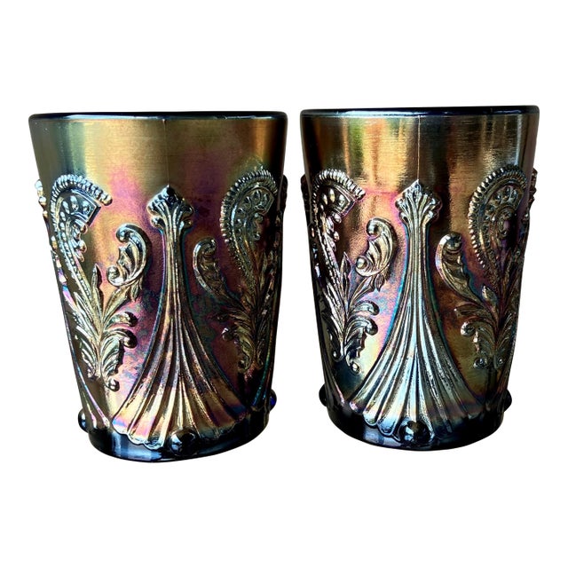 Circa 1969 St. Clair Glass Inverted Fan & Feather Carnival Reproduction Iridescent Glass Tumblers – A Pair For Sale
