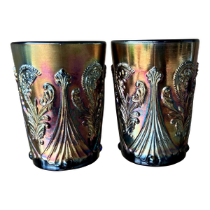 Circa 1969 St. Clair Glass Inverted Fan & Feather Carnival Reproduction Iridescent Glass Tumblers – A Pair