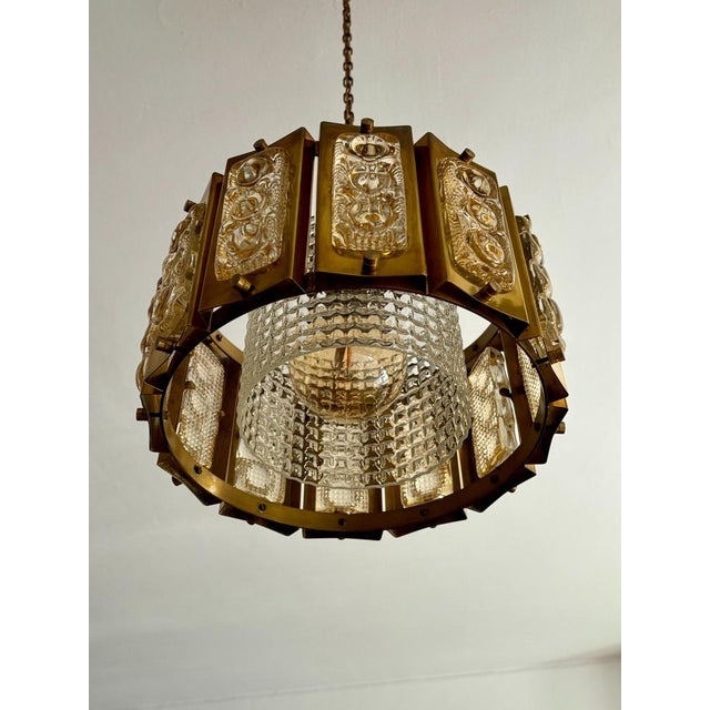 Brass Pendant Lamp with Crystal Elements attributed to Carl Fagerlund for Orrefors, Sweden, 1960s. For Sale - Image 11 of 16
