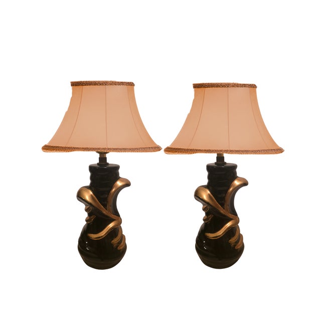 Pair of 1950s Black Glazed Ceramic Lamps With Gold Gilt Accents For Sale In Baton Rouge - Image 6 of 8