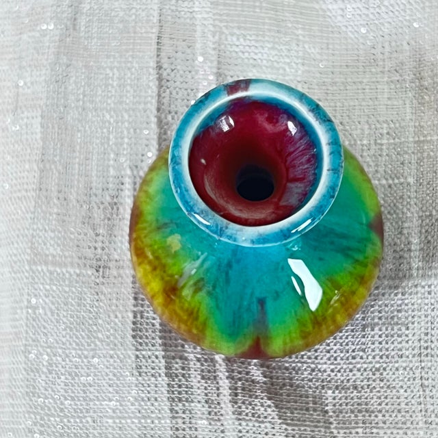 Vintage Studio Pottery Bud Vase Pair – Mini Jewel Tone Drip Glaze & Mini Earth Tone Jug For Sale In Portland, OR - Image 6 of 12