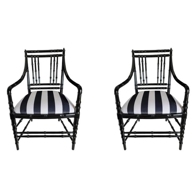 1950s Antique Faux Bamboo Armchairs in Black Lacquer and Striped Velvet Upholstery - Set of 2 For Sale - Image 13 of 13