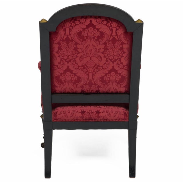 Victorian Late 19th Century Victorian or Louis Philippe French Black and Red Gilt Bronze Armchair Upholstered in Red Silk Attributed to Louis Marcotte For Sale - Image 3 of 9