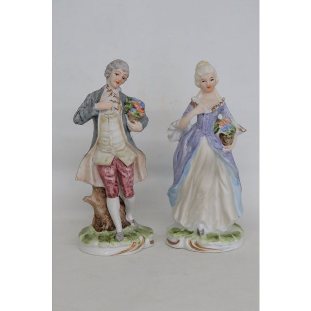 Rococo Rococo Style Porcelain Figurines Pair of 2 Courting Couple Made in Japan 5007b For Sale - Image 3 of 10