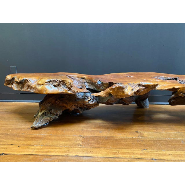 1970's Vintage Redwood Burlwood Coffee Table / Bench For Sale - Image 4 of 8