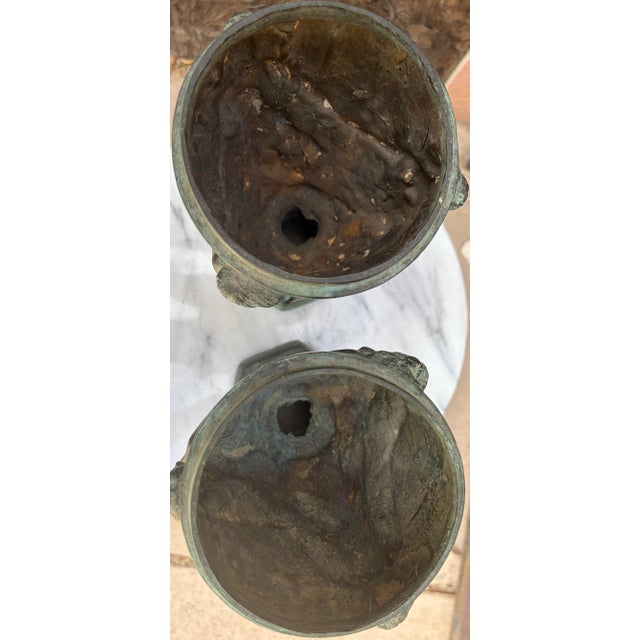 Metal Pair of 11.5" Antique Art Nouveau Bronze Chalice Urns With Dancing Nymphs For Sale - Image 7 of 10