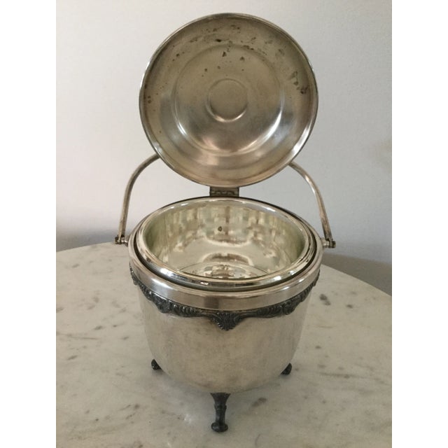 Mid 20th Century Mid 20th Century Vintage Footed English Regency Silver Plate Ice Bucket With Reticulating Hinge Lid Handle For Sale - Image 5 of 8