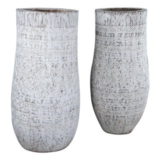 Late 20th Century 2 Bohemian Carved Palm Tree Trunk Planters Boho Chic Sculptural Vase Pair 40" For Sale