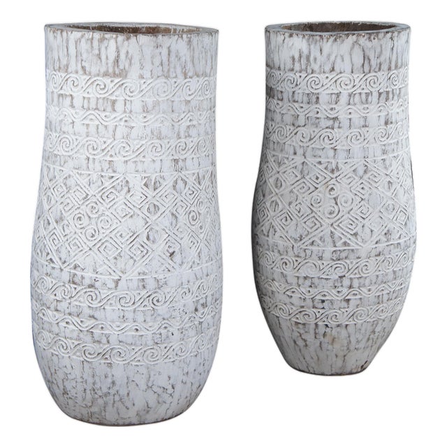 Late 20th Century 2 Bohemian Carved Palm Tree Trunk Planters Boho Chic Sculptural Vase Pair 40" For Sale