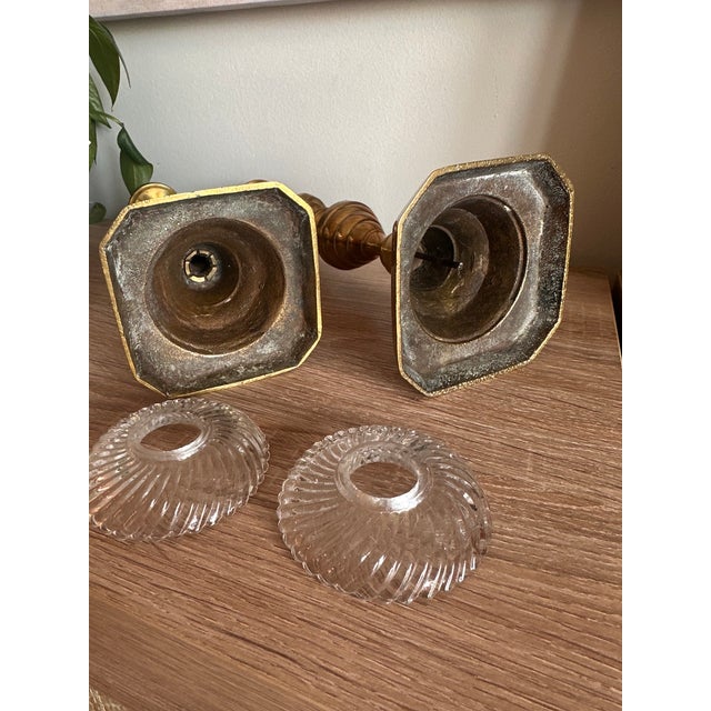 Vintage Solid Brass Octagonal Candlesticks With Swirl Glass Bobeches, Pair For Sale - Image 9 of 13