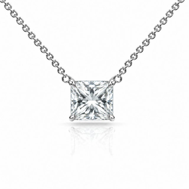 14K Solid gold floating princess cut lab grown diamond pendant necklace set in a classic four-prong mounting on a delicate...