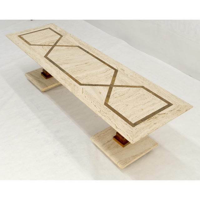 Inlayed Travertine Top & Base 18x60" Rectangle Mid Century Modern Coffee Table For Sale - Image 11 of 12