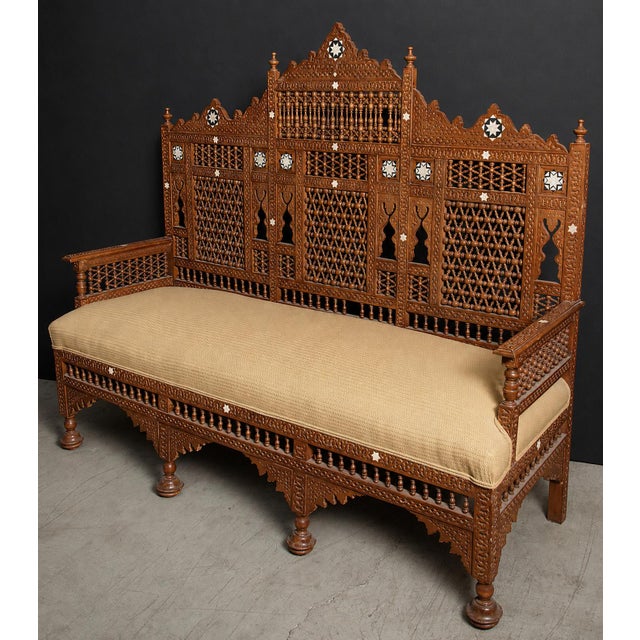 Spanish Early 20th Century Middle Eastern Carved Walnut Mashrabiya Settee, 1920s–1930s For Sale - Image 3 of 14