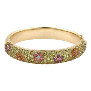 Estate Multi-Color Tourmaline Gemstone 18k Yellow Gold Floral Design Dome Bangle For Sale