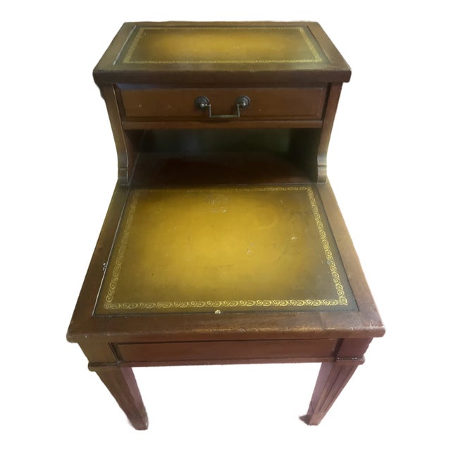 1960s Classic Mahogany Mersman Leather Side Table With Gold Stencil For Sale