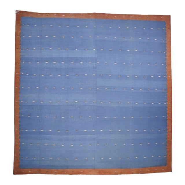 Vintage Dhurrie Square Rug in Blue With Geometric Patterns, From Rug & Kilim For Sale