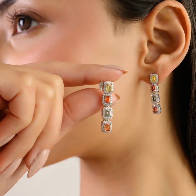 Multi Sapphire Drop Earrings in Halo Diamond Jewelry for Girlfriend- A Pair For Sale - Image 6 of 9